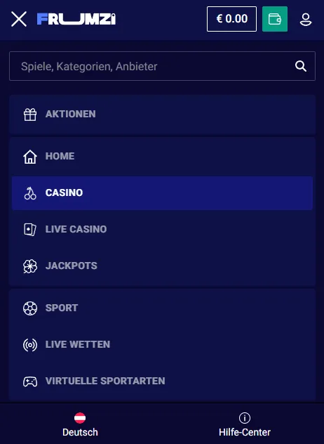 Responsive Frumzi-Oberfläche für Casino und Sportwetten im Browser