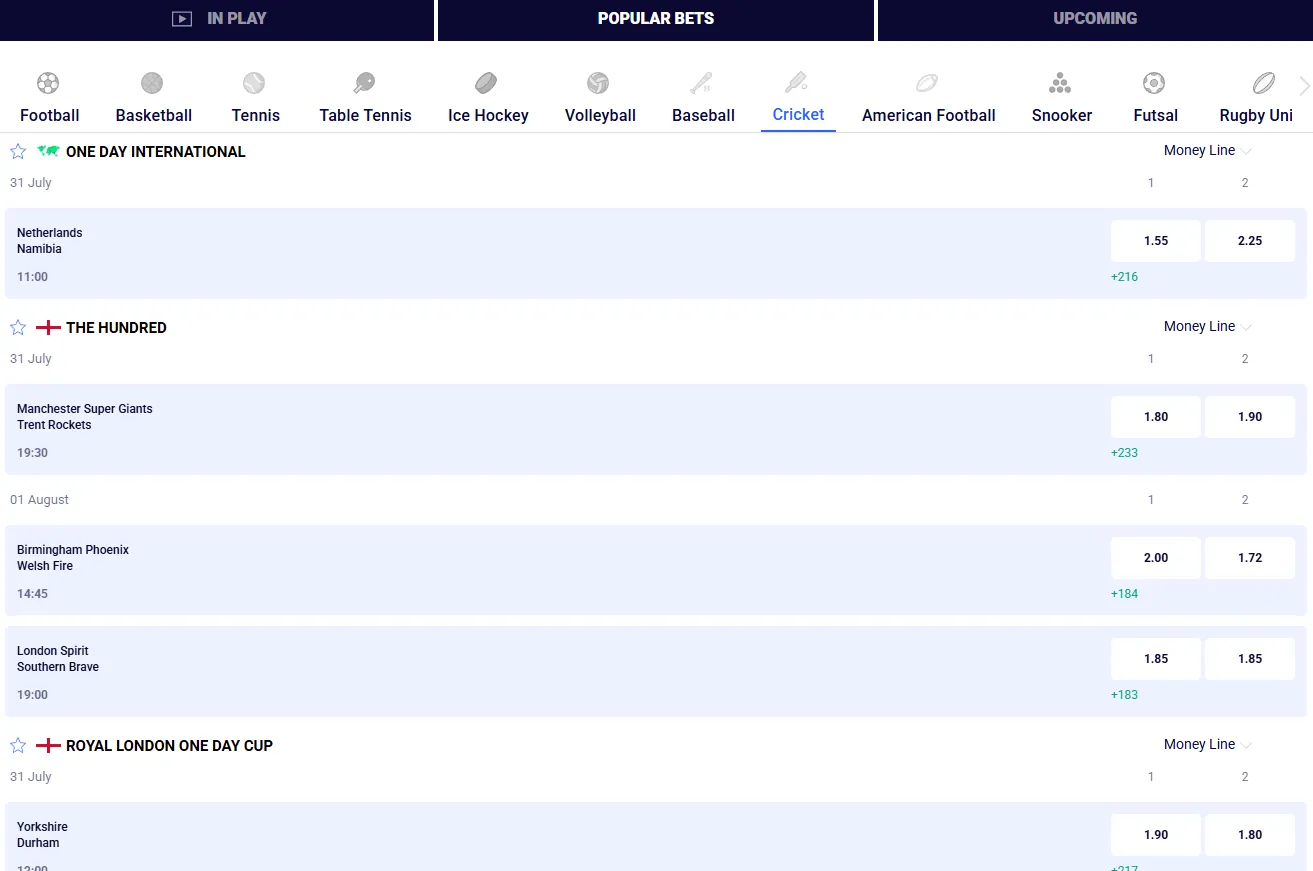 Live betting display with current events and odds
