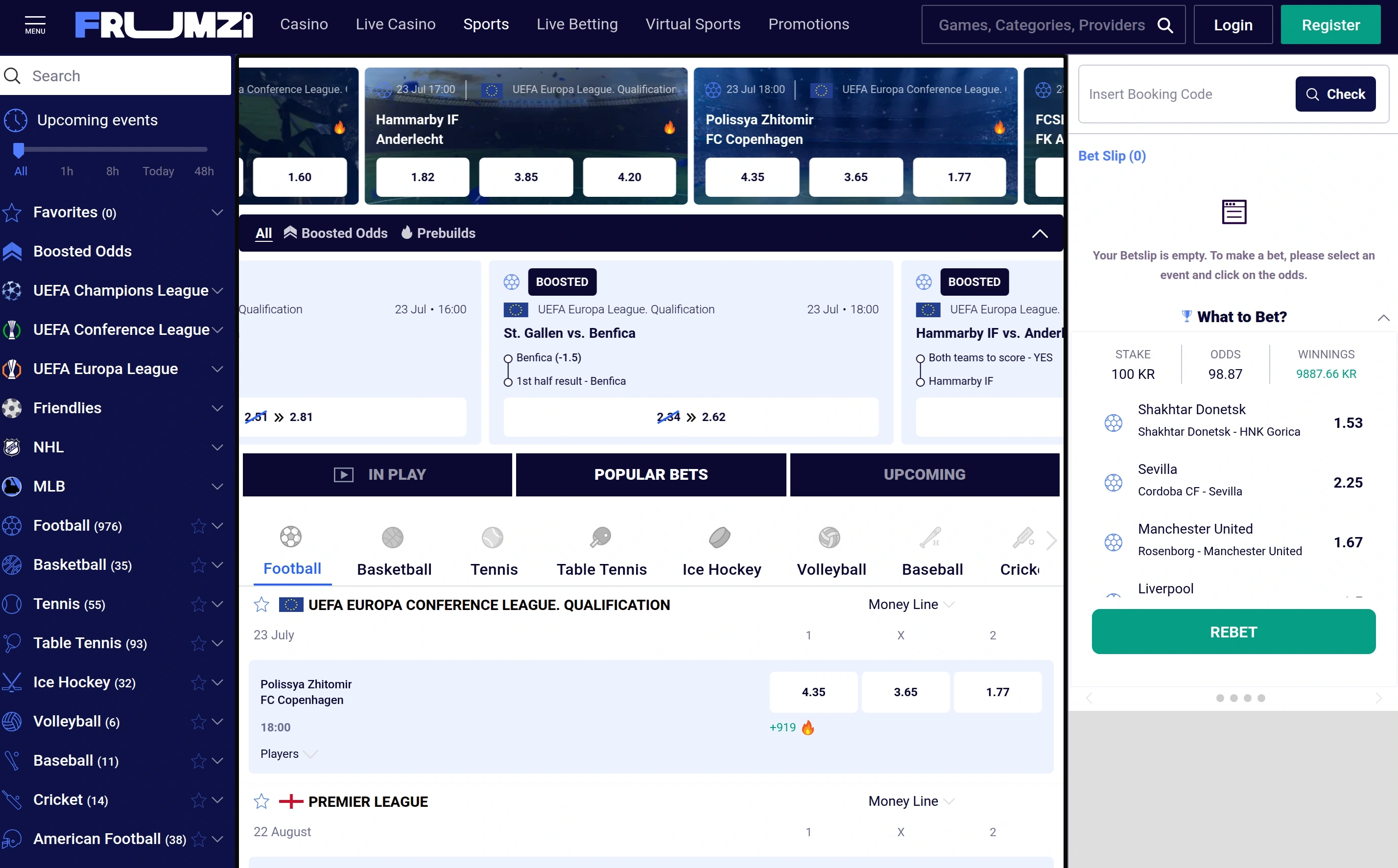 Frumzi sportsbook with sports, events, markets and bet slip