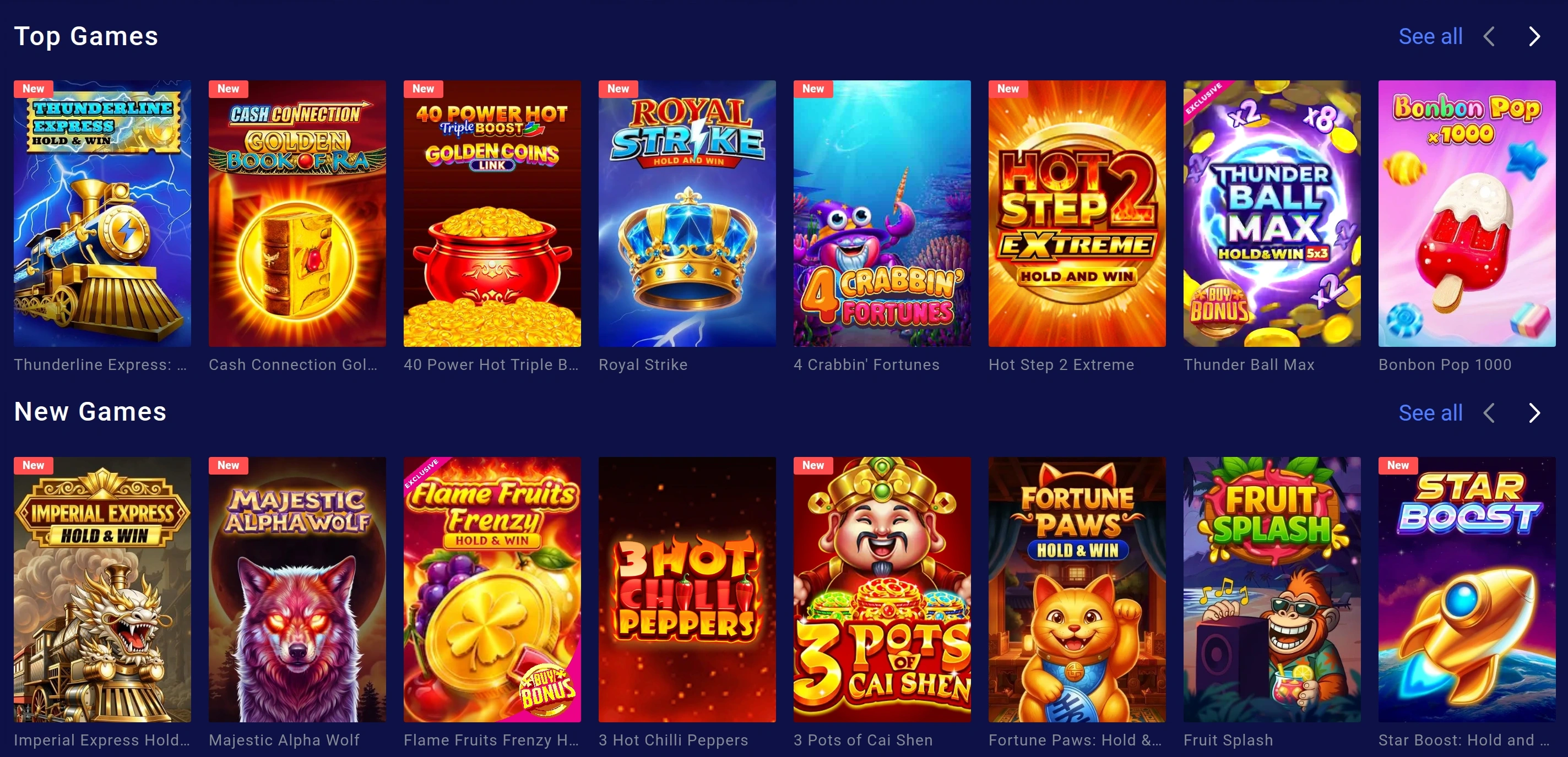 Frumzi casino lobby tabs and game categories