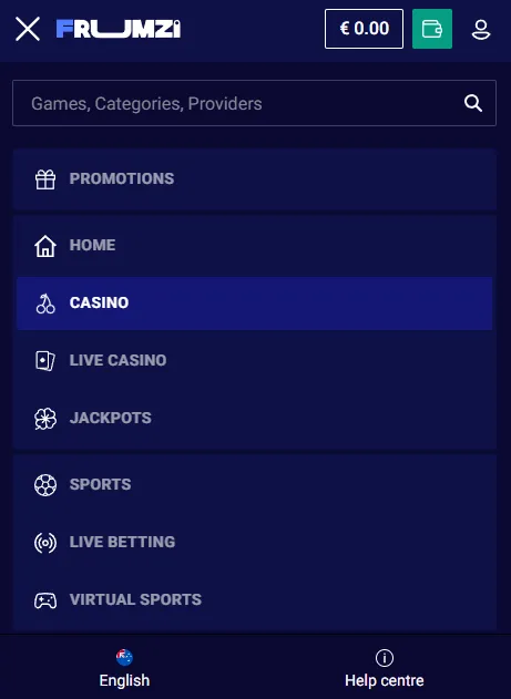 Frumzi mobile casino and sportsbook browser view