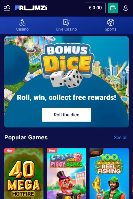 Frumzi casino in a mobile browser