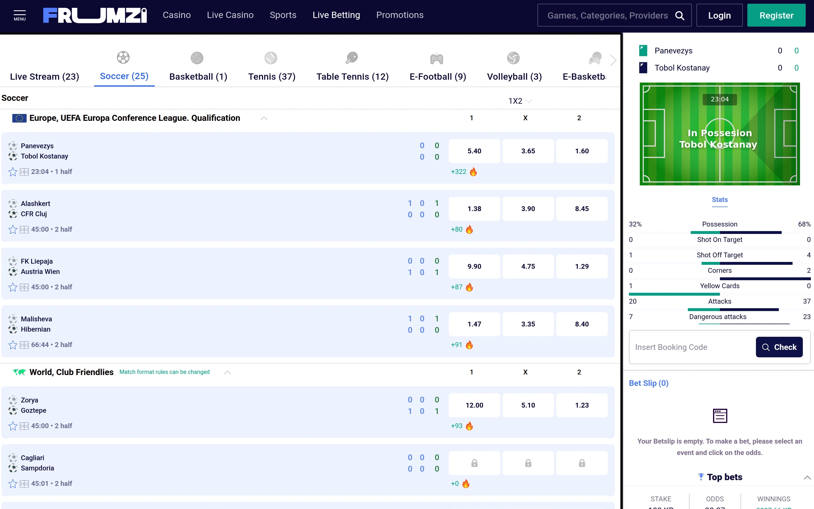 Live betting markets displayed in the Frumzi sportsbook