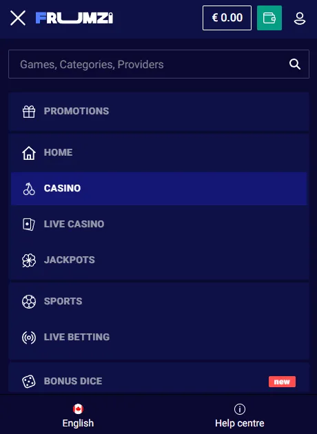 Frumzi mobile browser casino and sportsbook screens