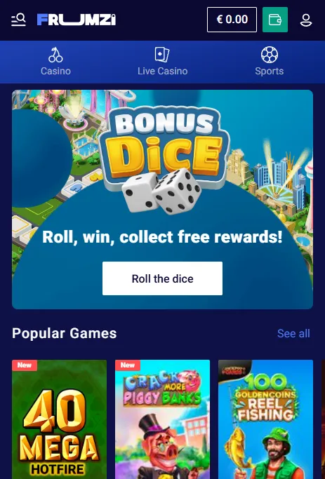 Frumzi casino on a mobile browser