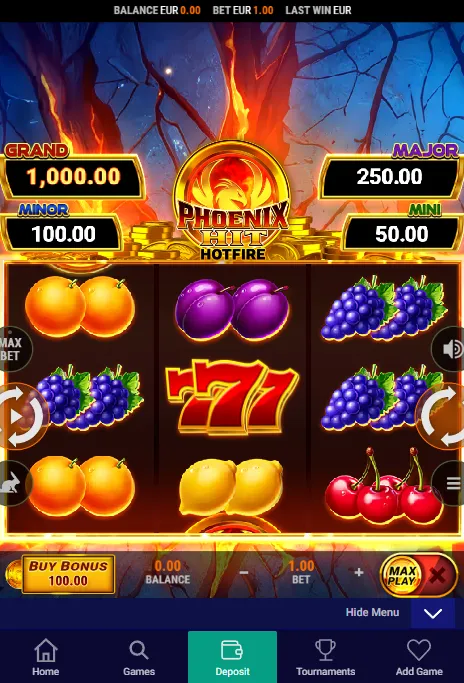 Frumzi mobile casino game cards and navigation