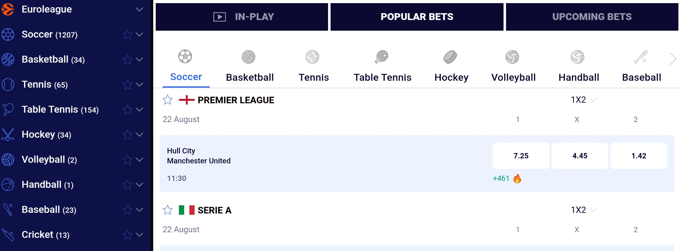 Sports and competition navigation in the Frumzi sportsbook
