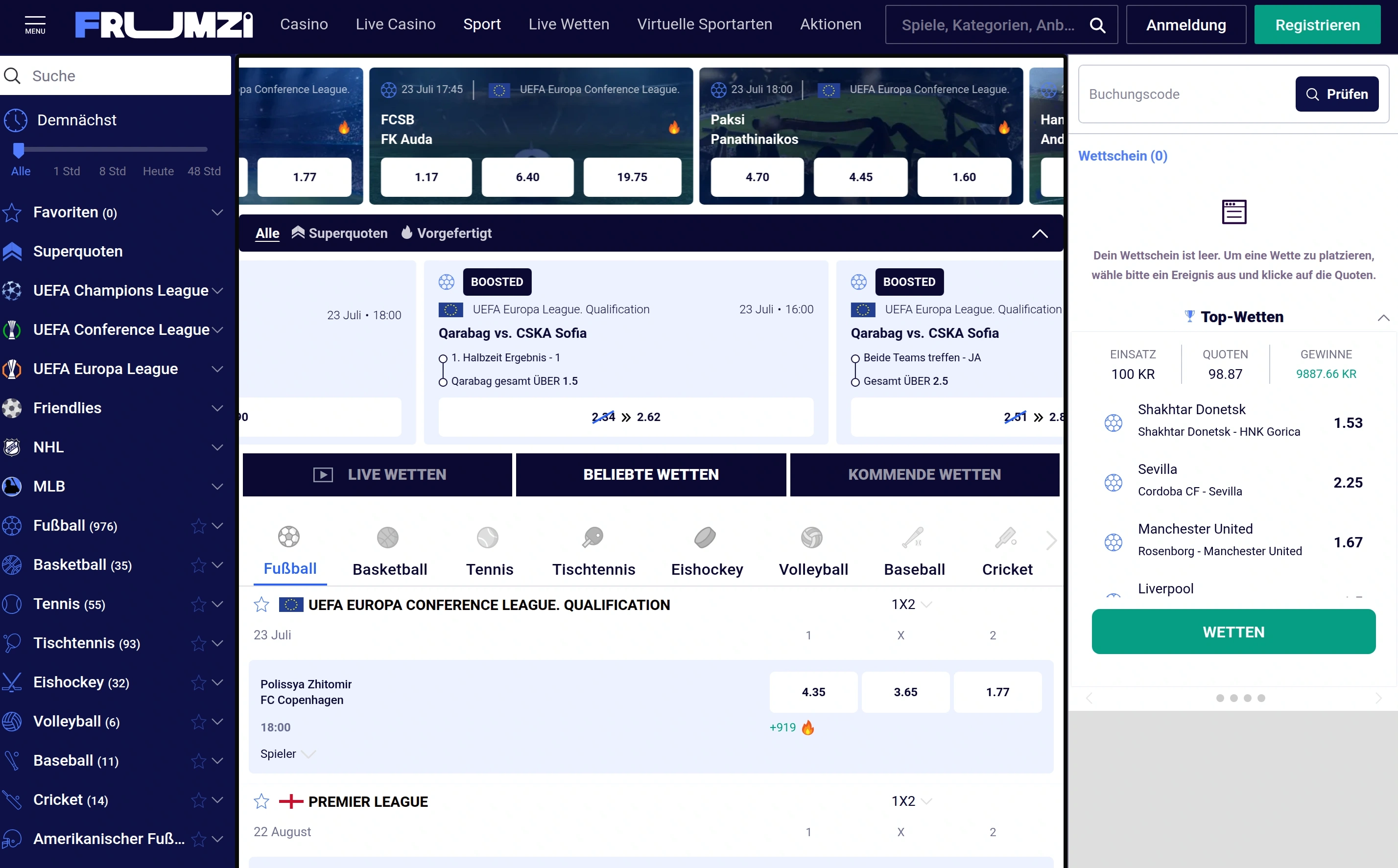 Frumzi Sportwetten mit Pre-Match- und Live-Märkten
