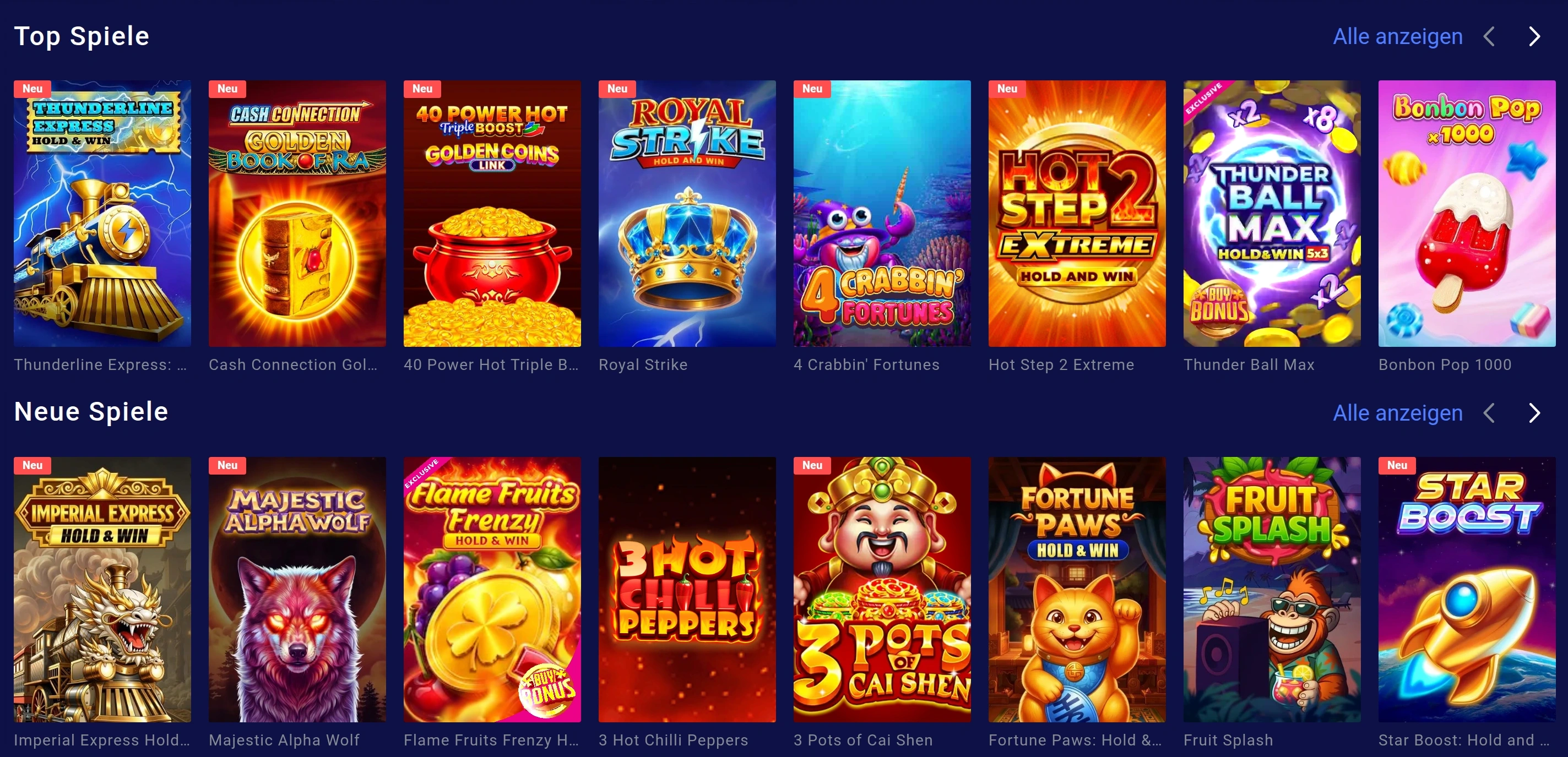 Übersicht der Frumzi Casino-Lobby und Spielbereiche