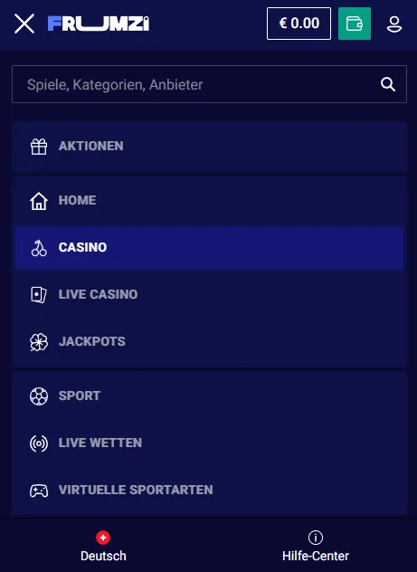 Mobile Frumzi Ansicht mit Spielkarten und Navigation
