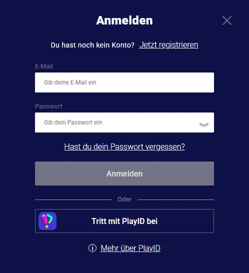 Loginbereich von Frumzi mit Eingabefeldern für den Kontozugang