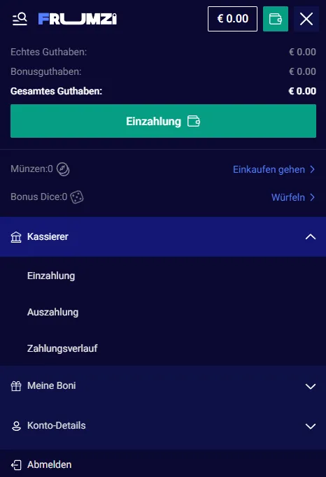 Frumzi Bereiche für Casino, Sportwetten und Rewards
