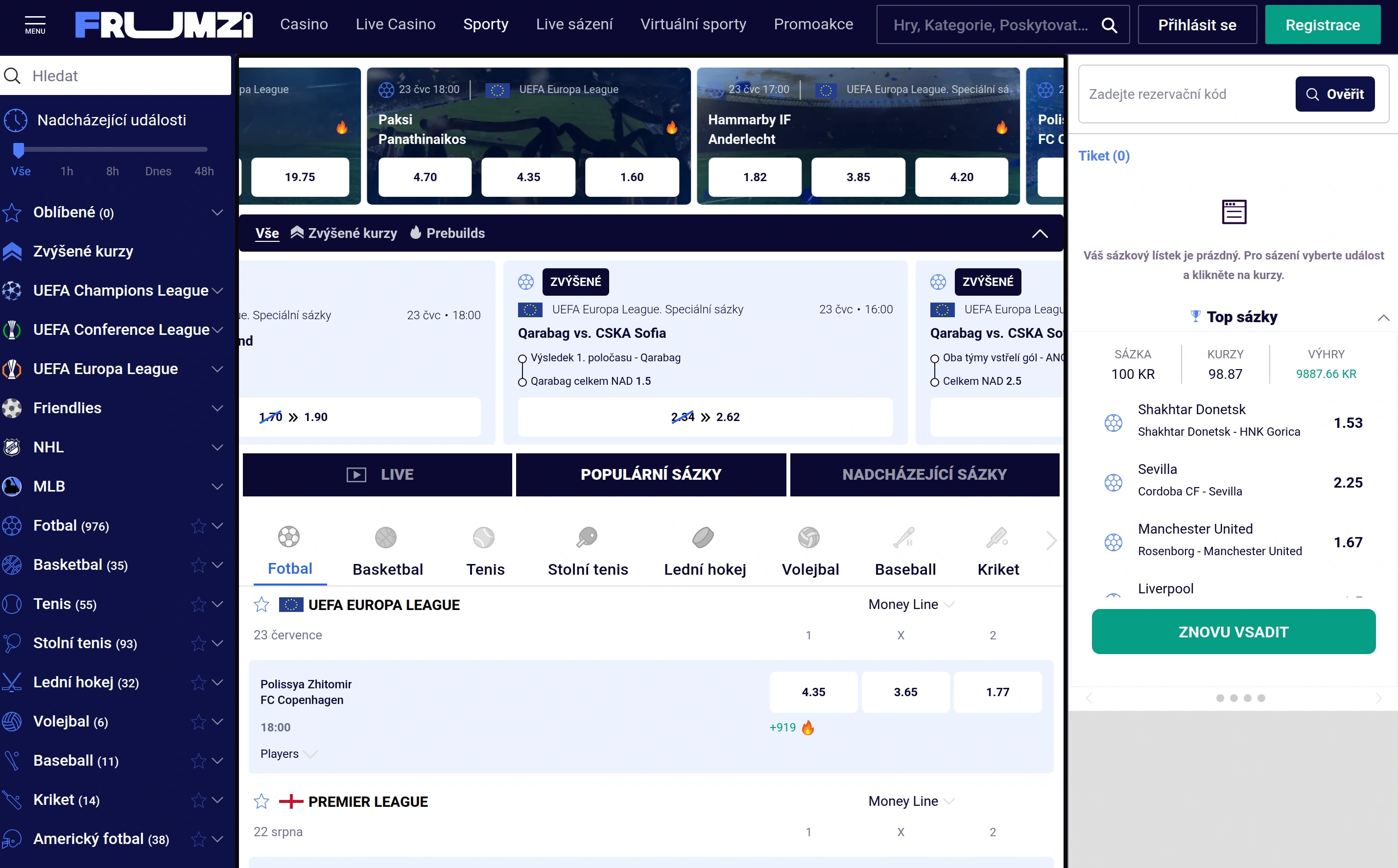 Přehled sportovních sázek Frumzi s živými kurzy