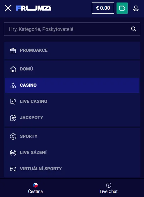 Mobilní obrazovka Frumzi s kartami her a navigací