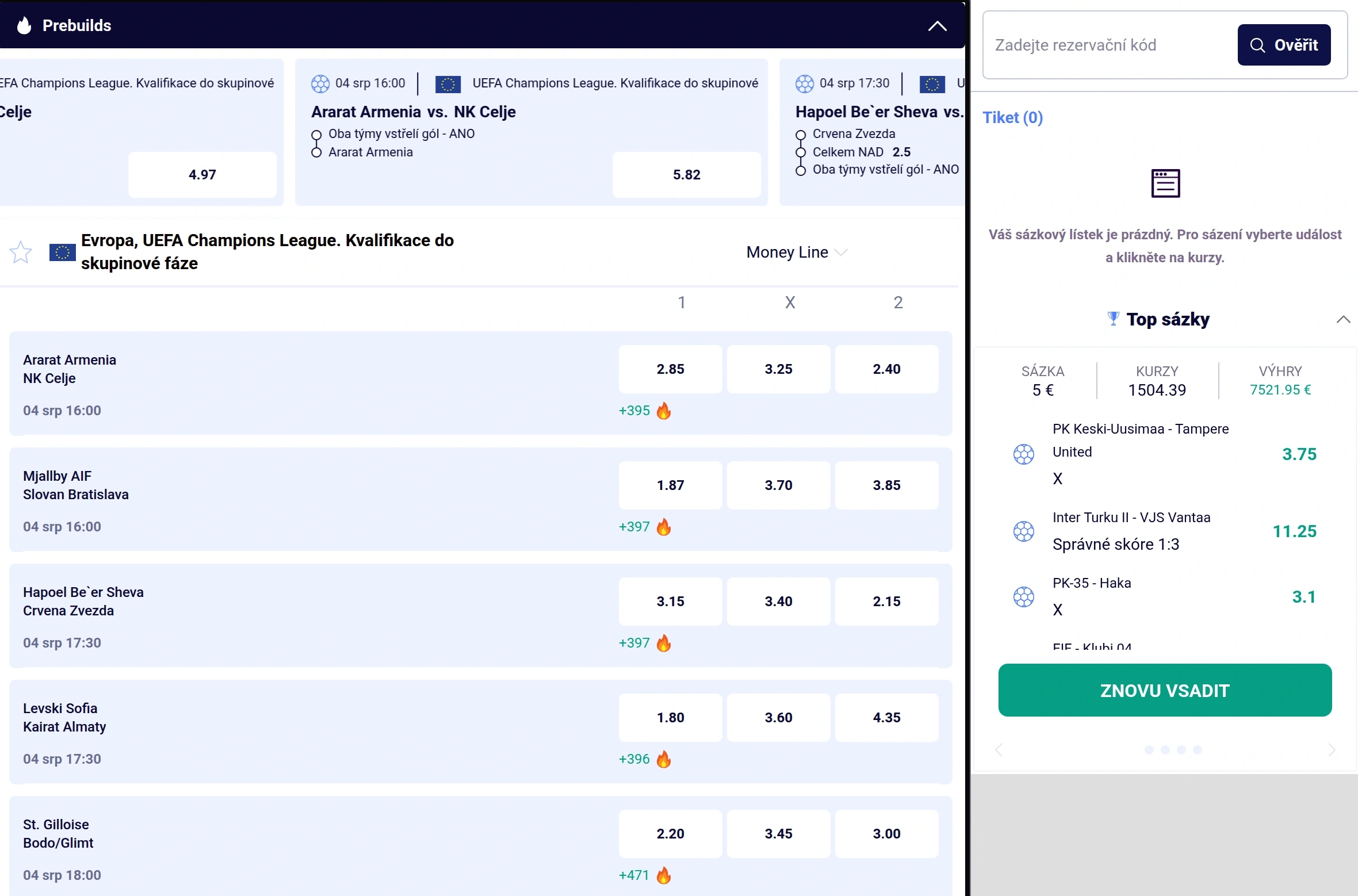 Bet Builder pro kombinování voleb zápasu