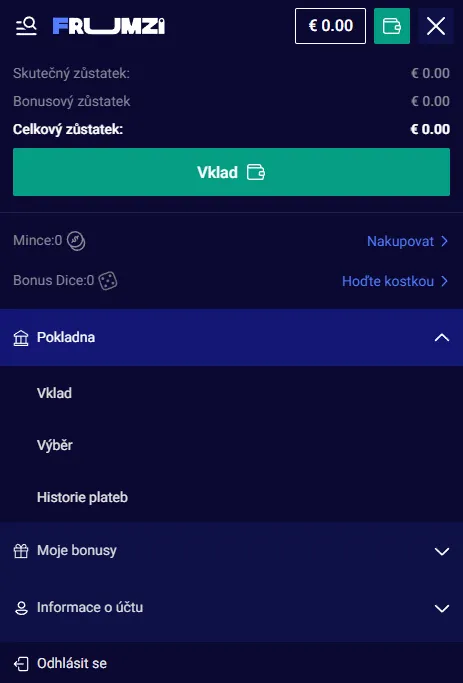 Mobilní přehled funkcí Frumzi pro hráčský účet