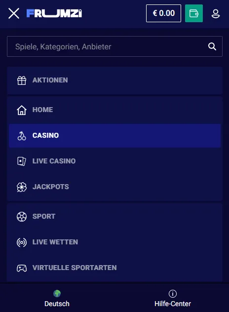 Frumzi Casino und Sportwetten in mobiler Browseransicht