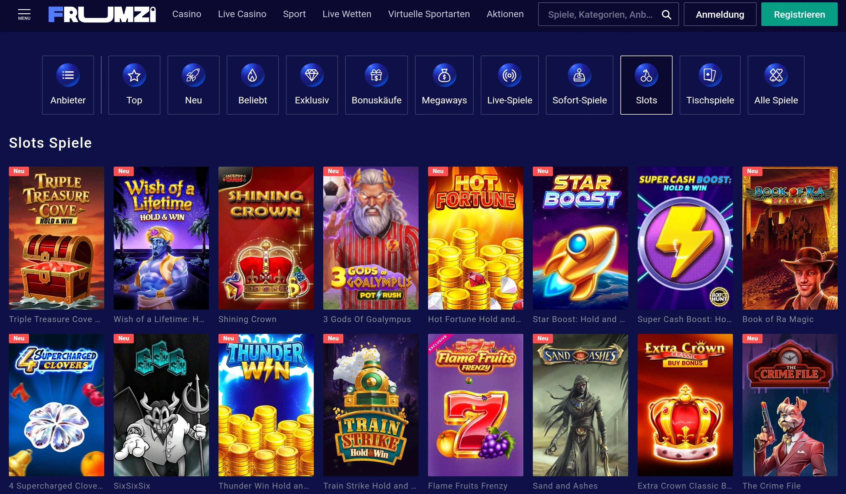Slot-Kategorien in der Frumzi Casino-Lobby