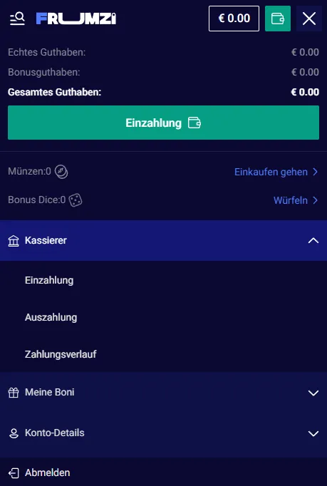 Frumzi-Bereiche für Casino, Sport und Konto mobil