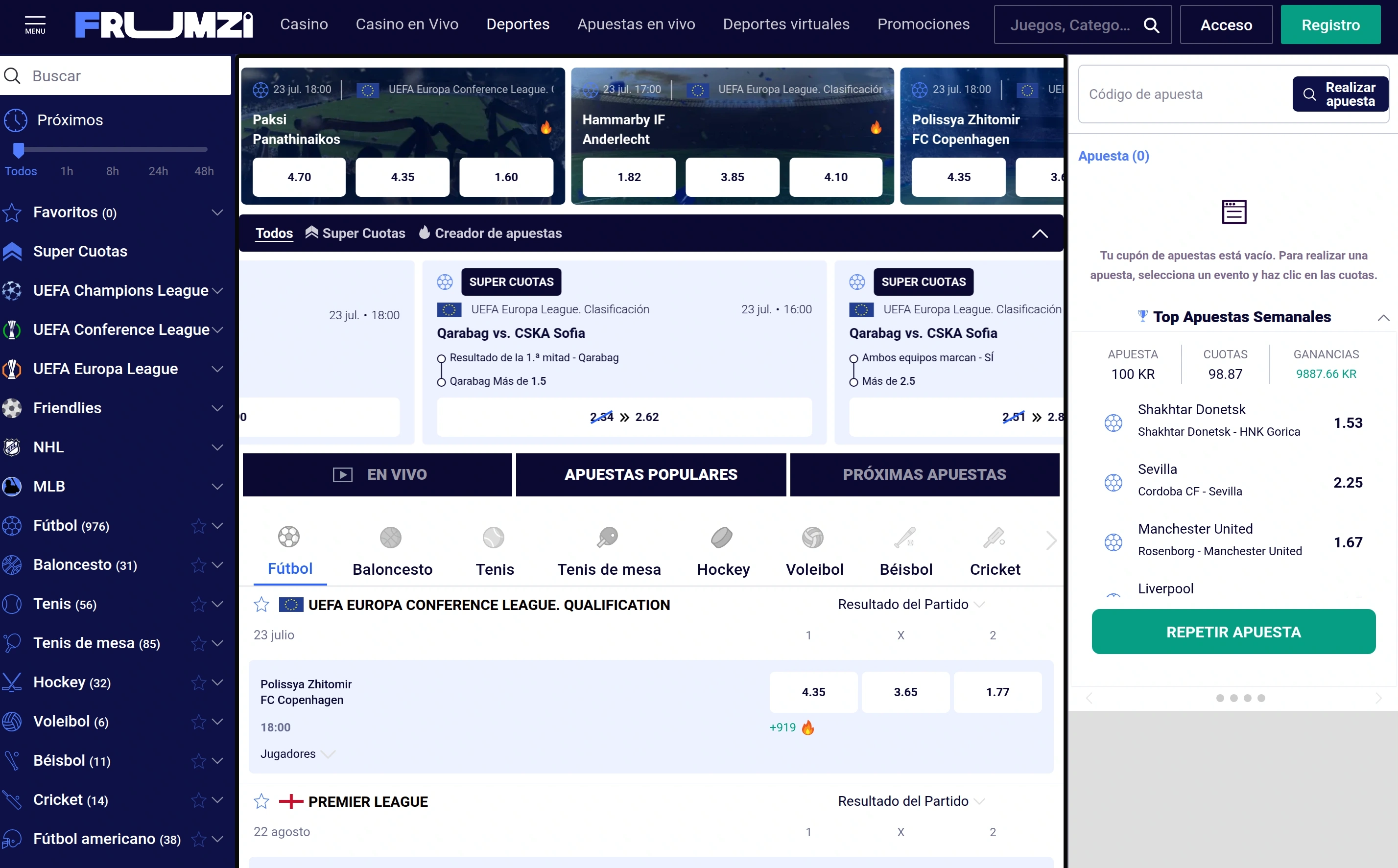 Pantalla de apuestas deportivas de Frumzi
