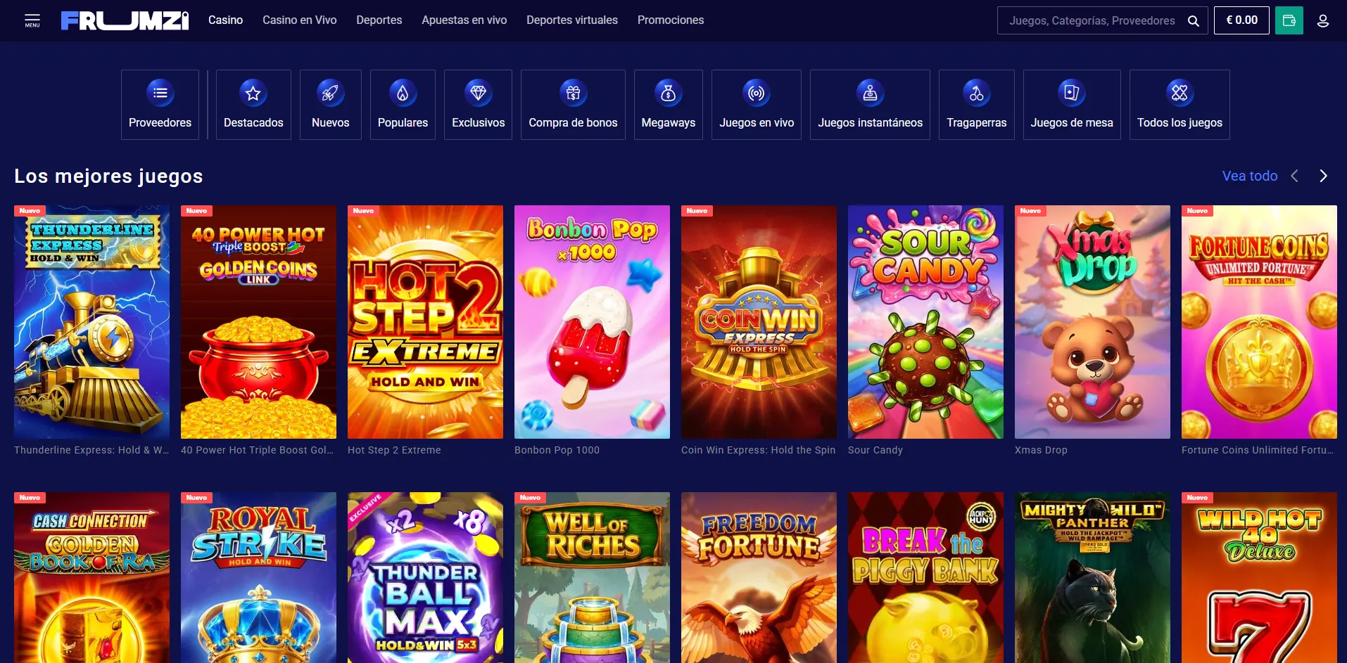 Pantalla del casino Frumzi con juegos destacados