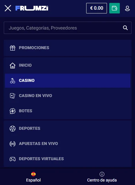 Pantalla móvil con juegos y mercados de Frumzi