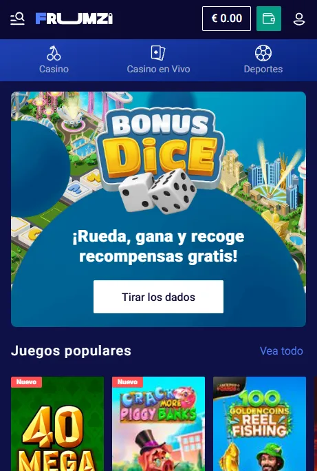 Casino Frumzi en navegador móvil responsive