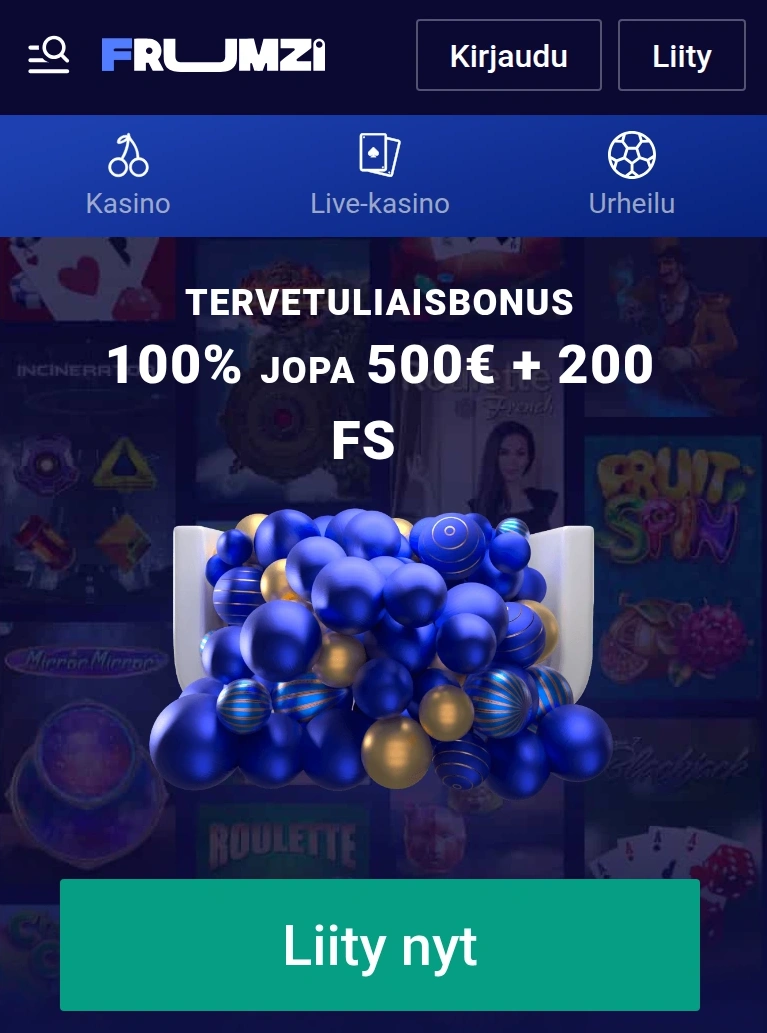 Frumzin mobiilisivusto kasinolle, livepeleihin ja urheiluvedonlyöntiin