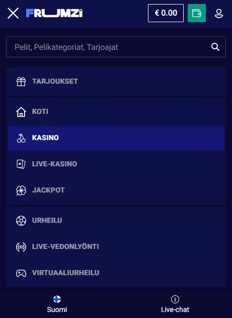 Frumzin mobiilinäkymä pelivalikoimineen ja vedonlyöntikupongilla