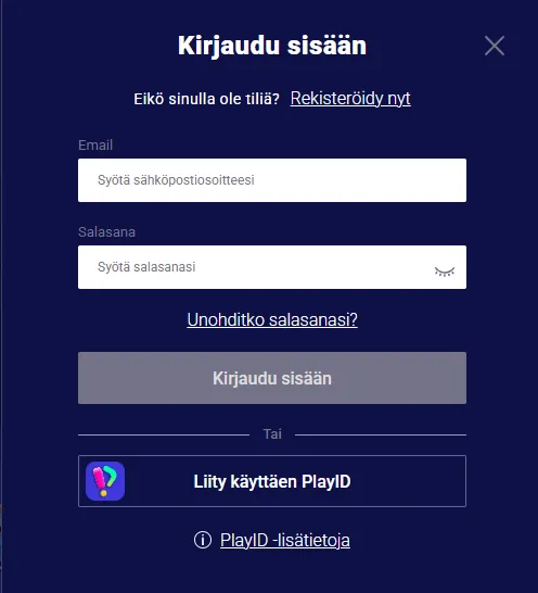 Frumzi-tilin kirjautumisnäkymä ja salasanan palautusohje