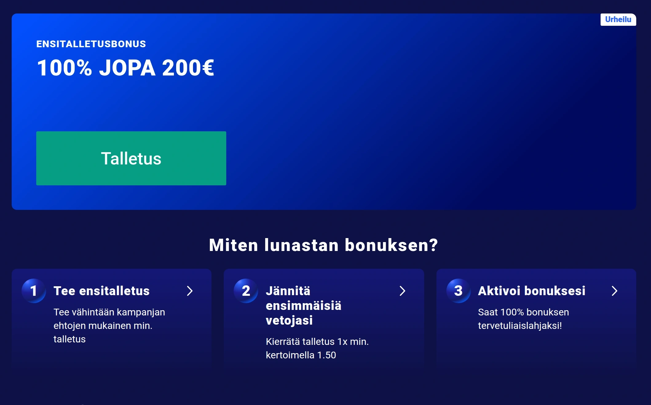 Frumzin kasino- ja urheilubonuksia esittelevä näkymä