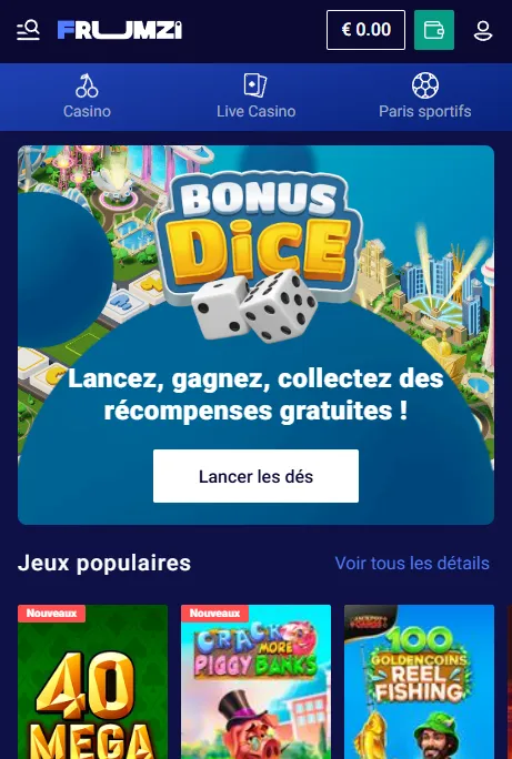 Casino Frumzi dans navigateur mobile