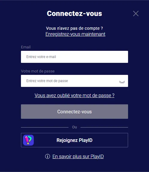 Écran de connexion Frumzi avec accès au compte joueur
