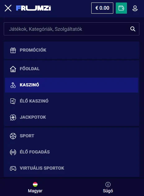 Frumzi kaszinó- és sportfelületi nézetek mobilon