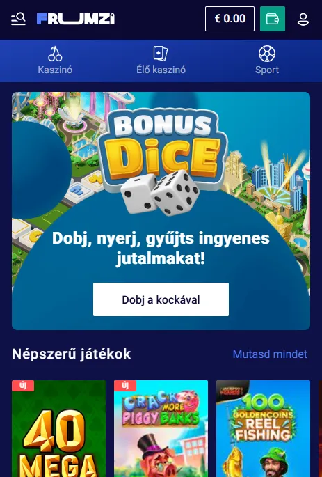 Frumzi kaszinó mobilböngészőben használva
