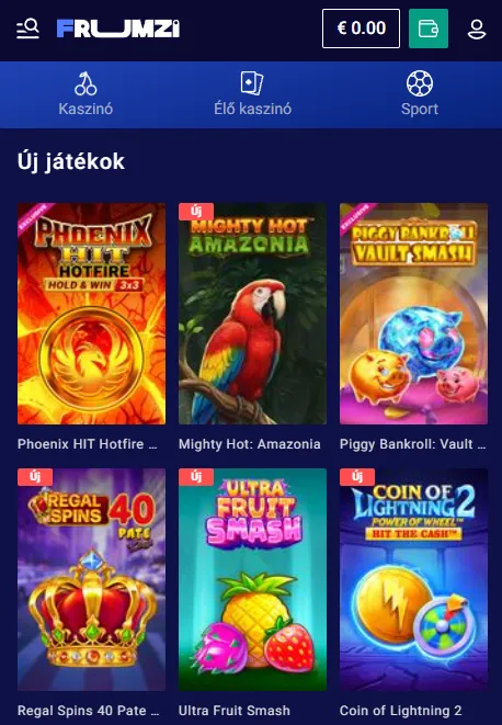 Frumzi mobilböngészős kaszinó felülete