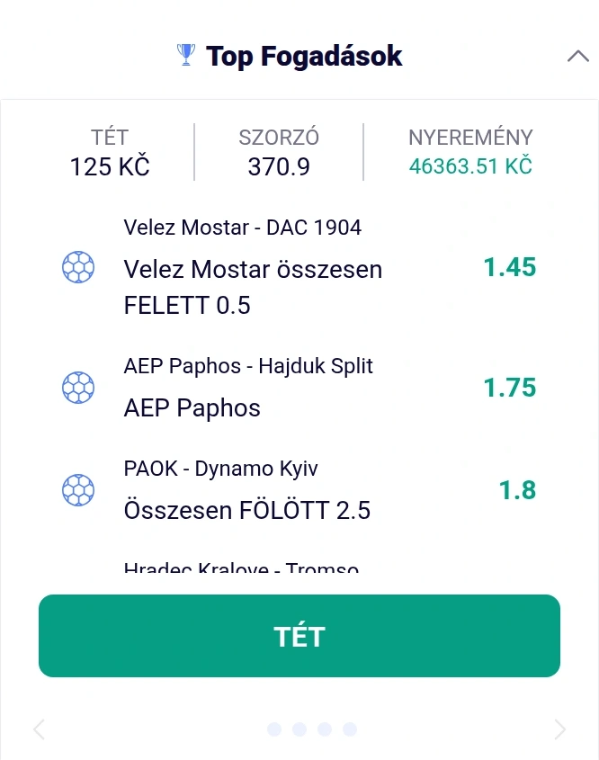 Fogadószelvény kiválasztott sportfogadási tippekkel