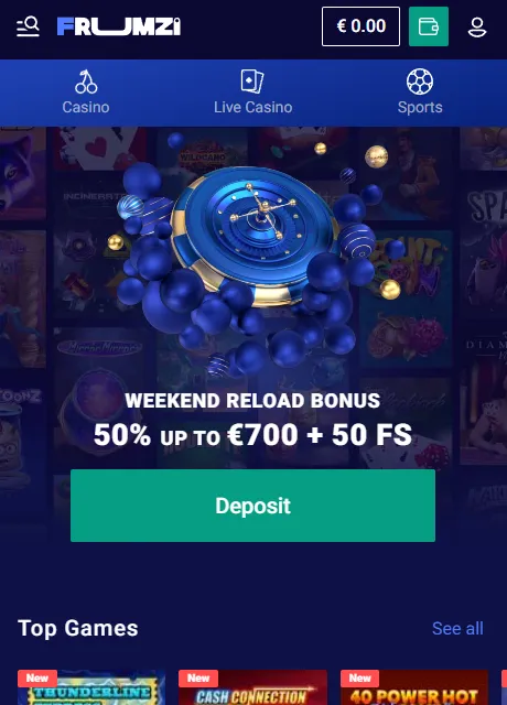 Frumzi mobile browser casino and sportsbook navigation