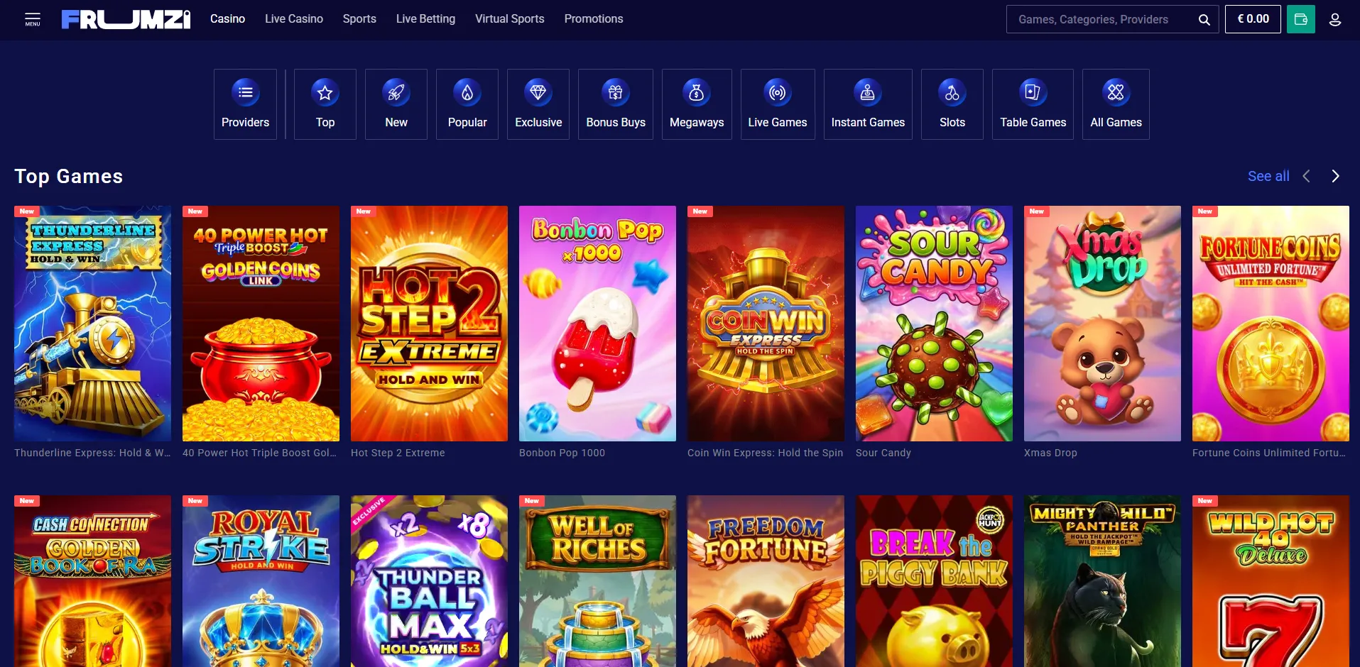 Frumzi casino lobby with games and categories