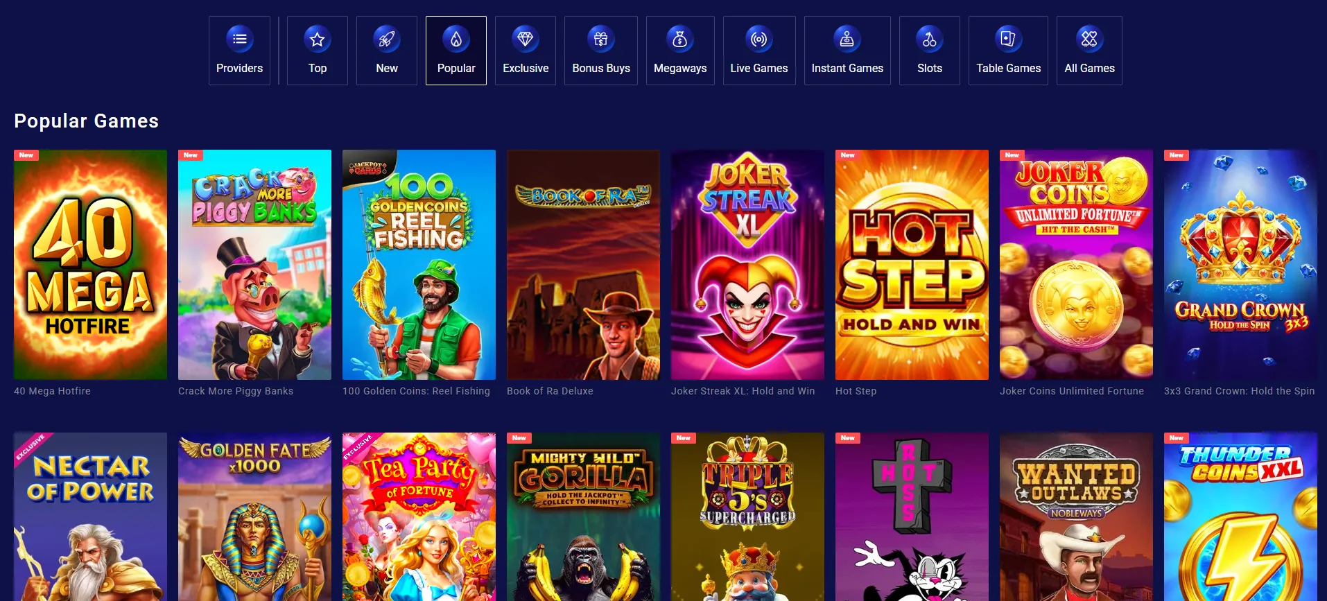 Frumzi casino lobby category navigation overview