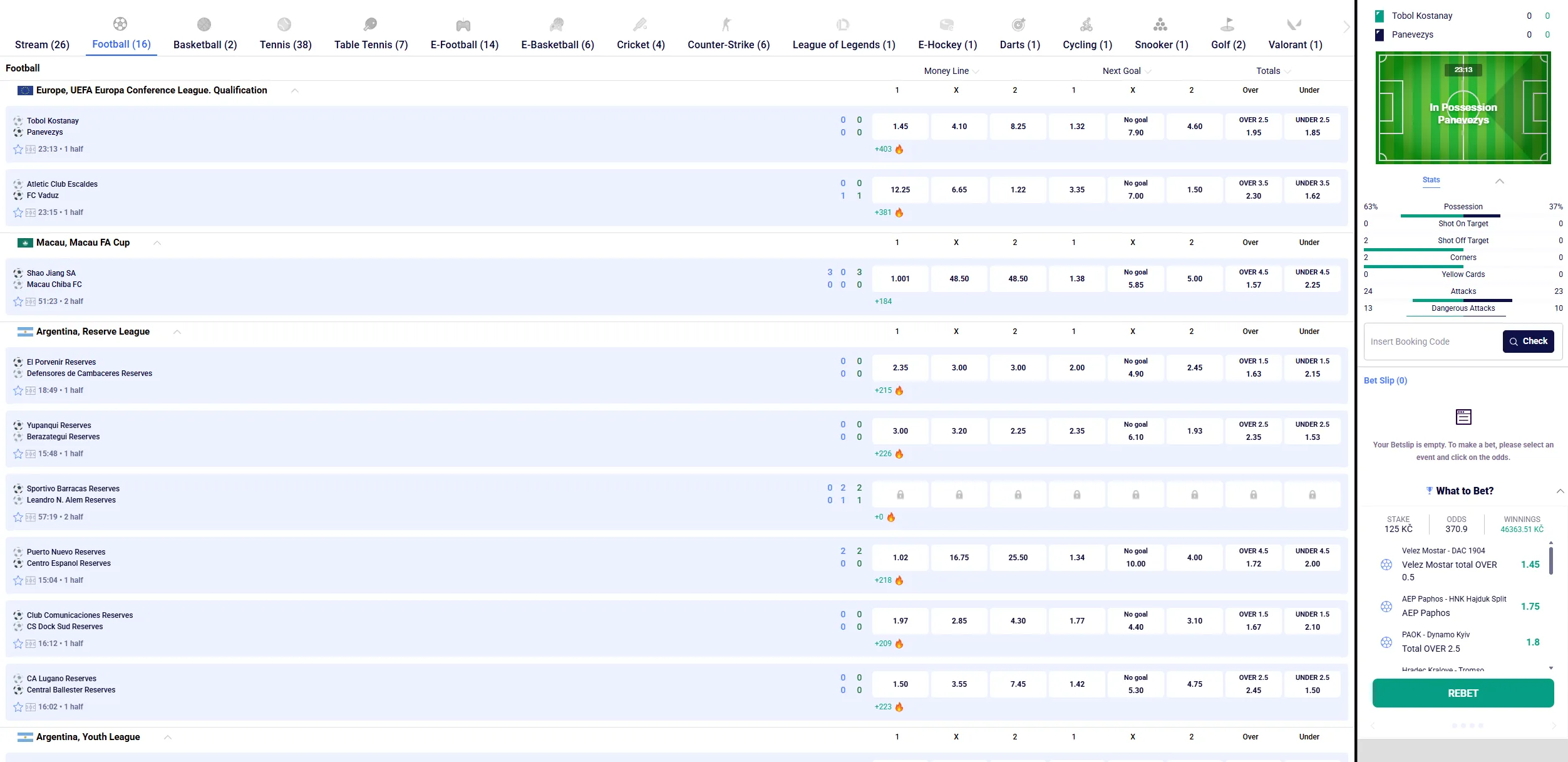 Live betting odds and selections in Frumzi sportsbook