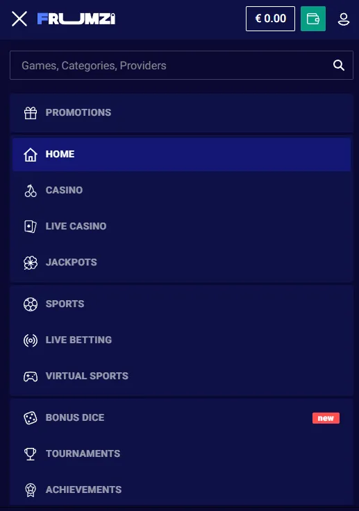 Frumzi mobile casino games and sportsbook interface