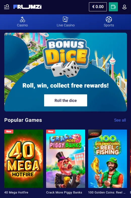 Frumzi casino in a responsive mobile browser
