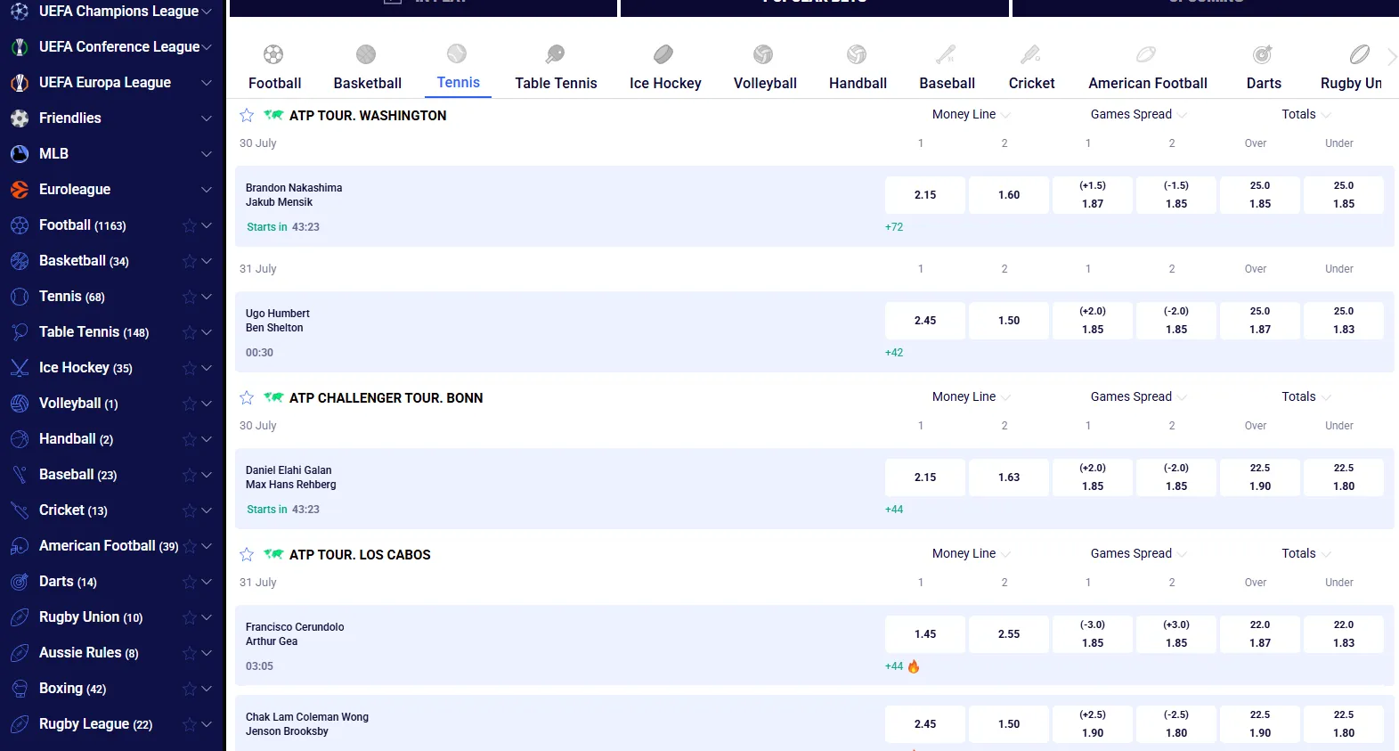 Football betting competitions and markets in the sportsbook menu
