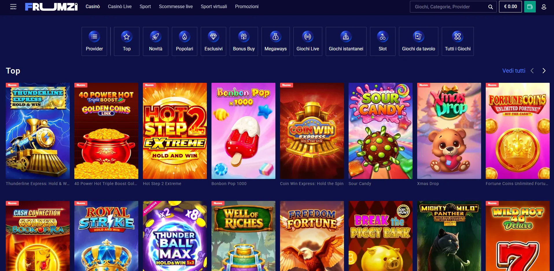 Lobby Frumzi con giochi da casinò