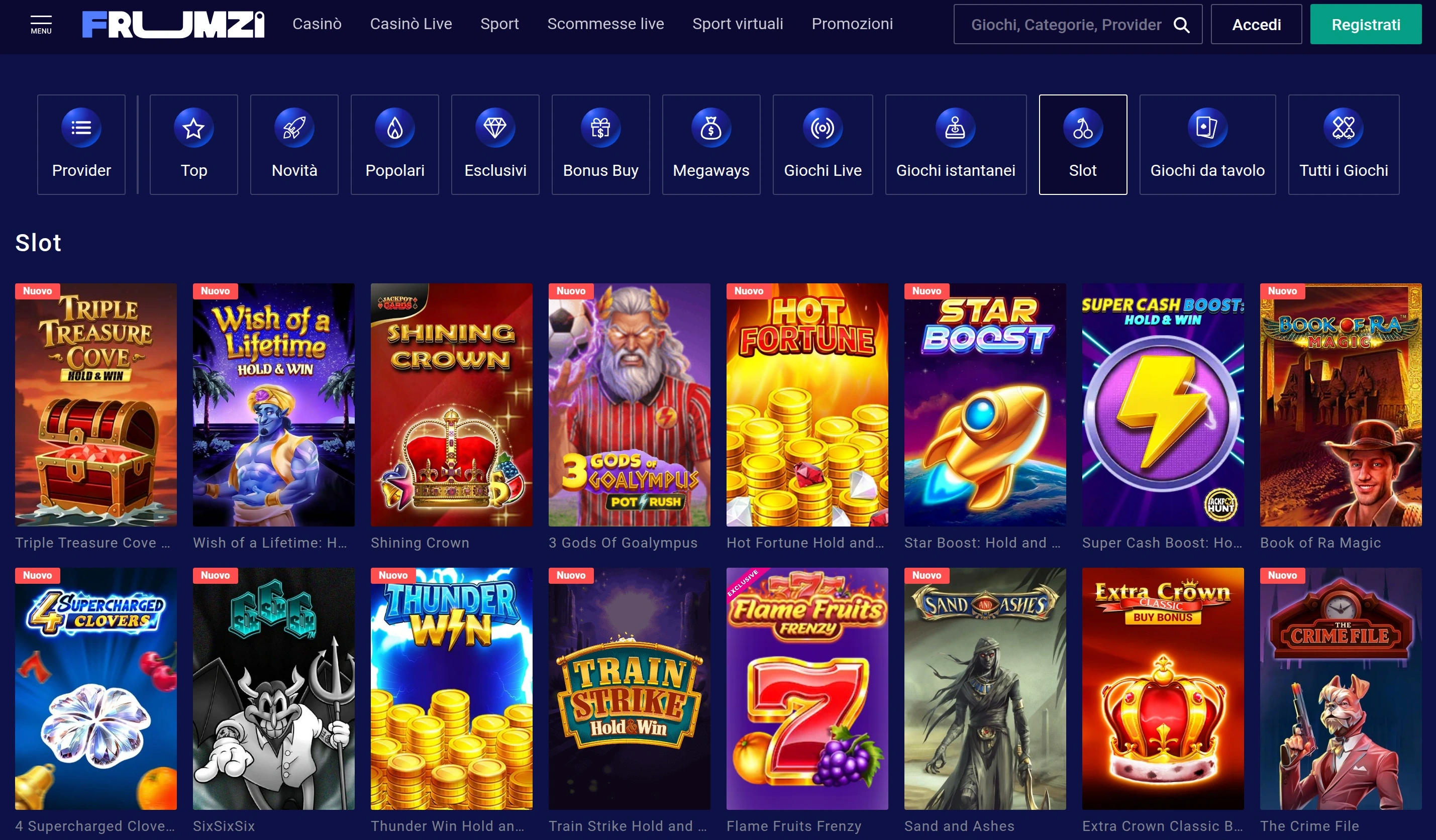 Schede di slot nella lobby Frumzi