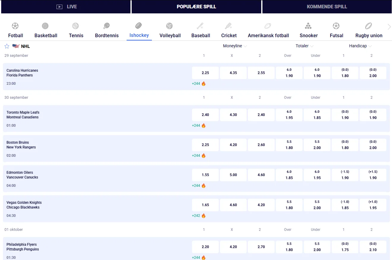 Direktespill og markeder i Frumzi sportsbook