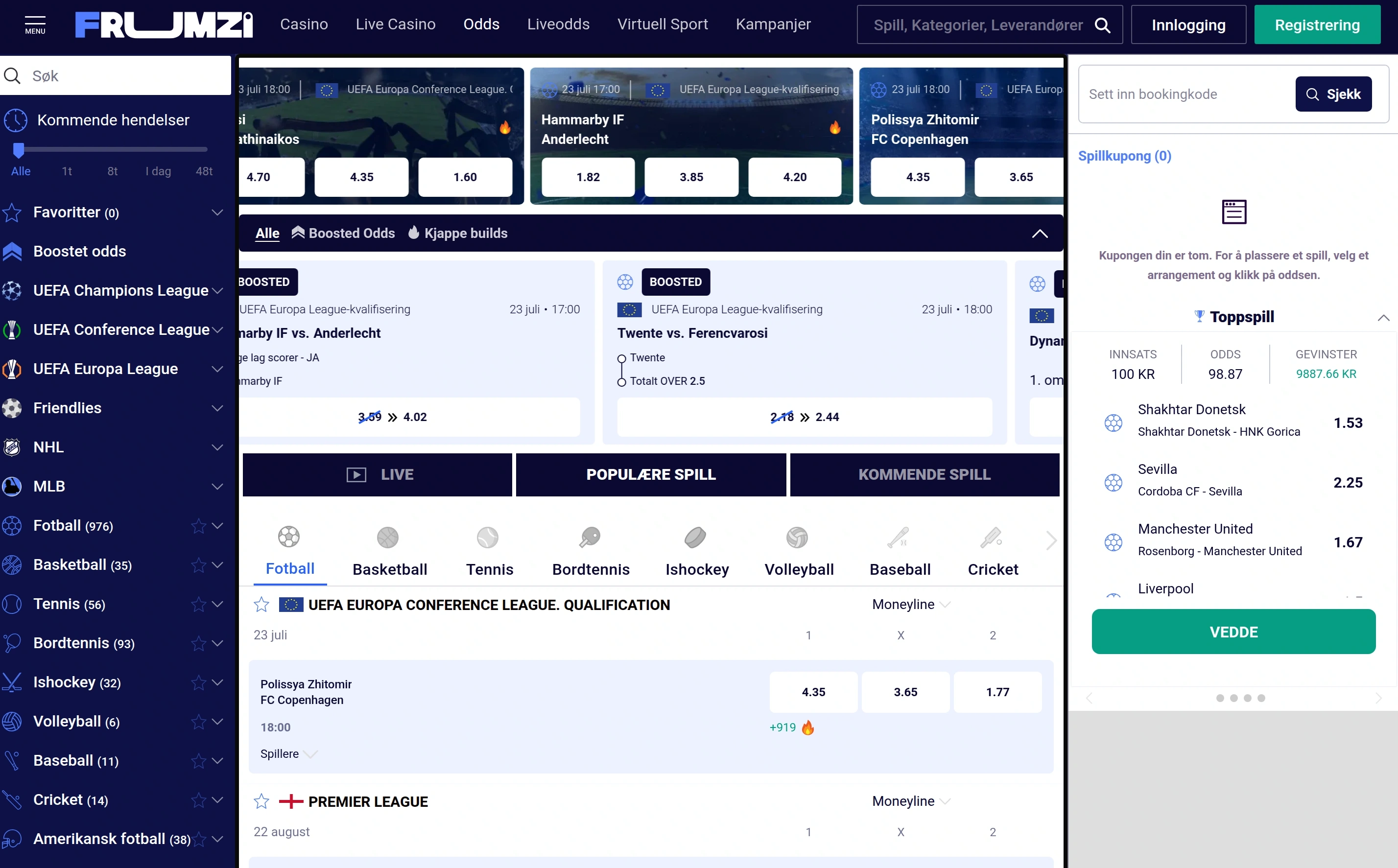 Sportsbetting med odds, spillkupong og flere spilltyper hos Frumzi