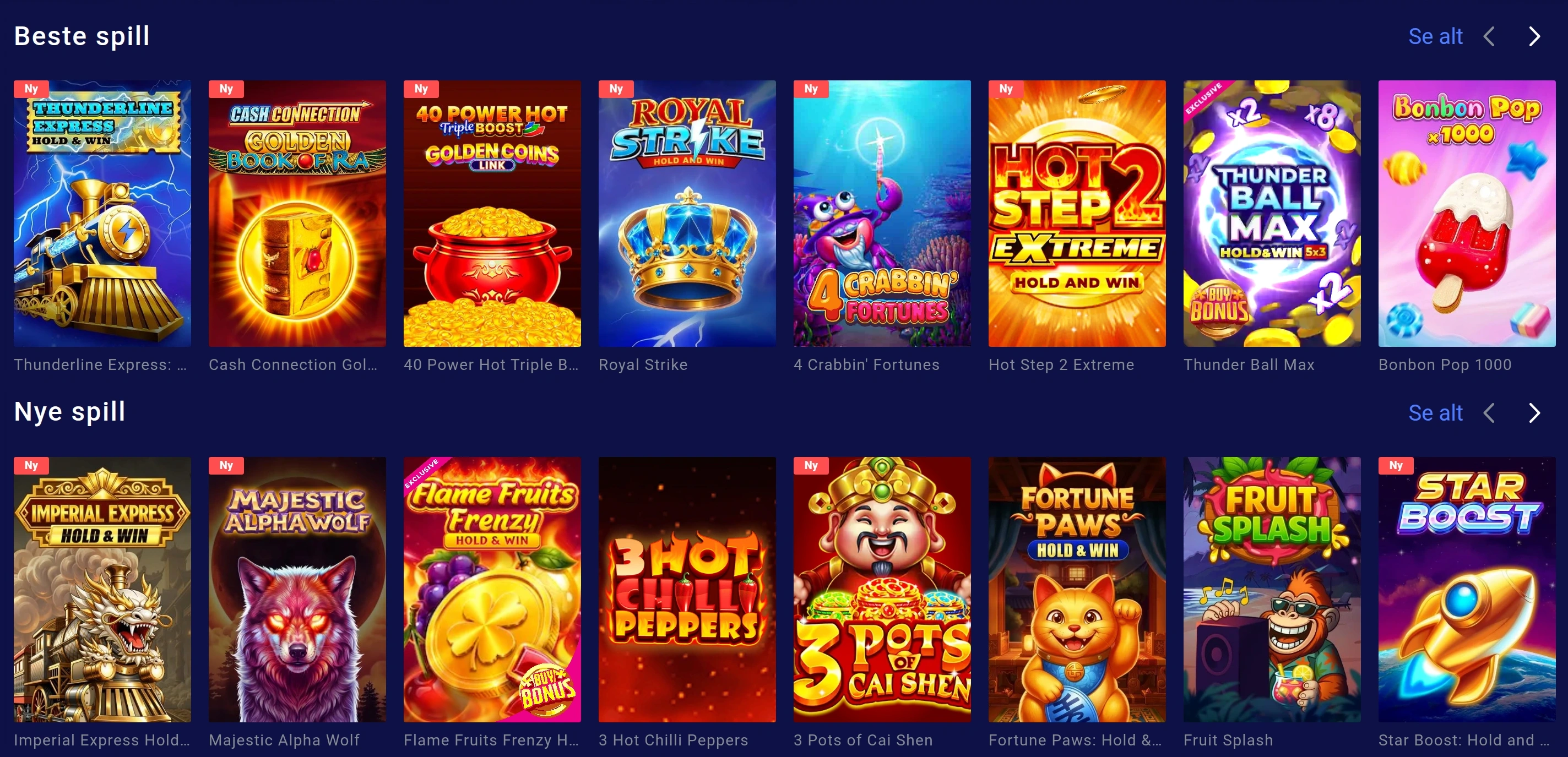 Oversikt over kategorier i Frumzis casino-lobby