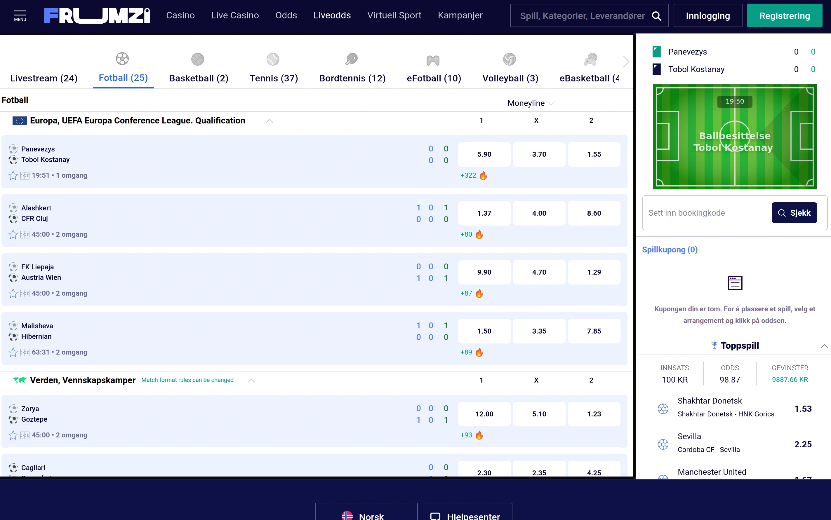 Direktespill med levende markeder og oppdaterte odds